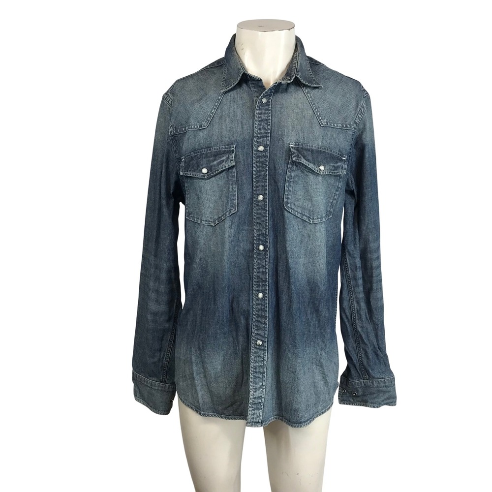 Express Jeans Men's Denim Western Shirt Blue Medium Washed Long Sleeve Button Up